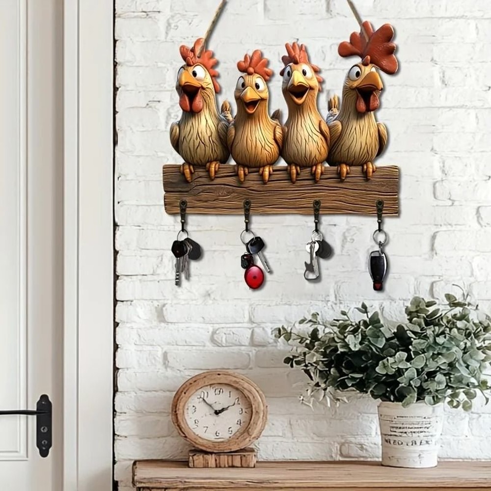 Rustic Farmhouse Hen Key Holder Whimsical 2D Wooden Wall Mount Organizer With Antique Copper Hooks 0