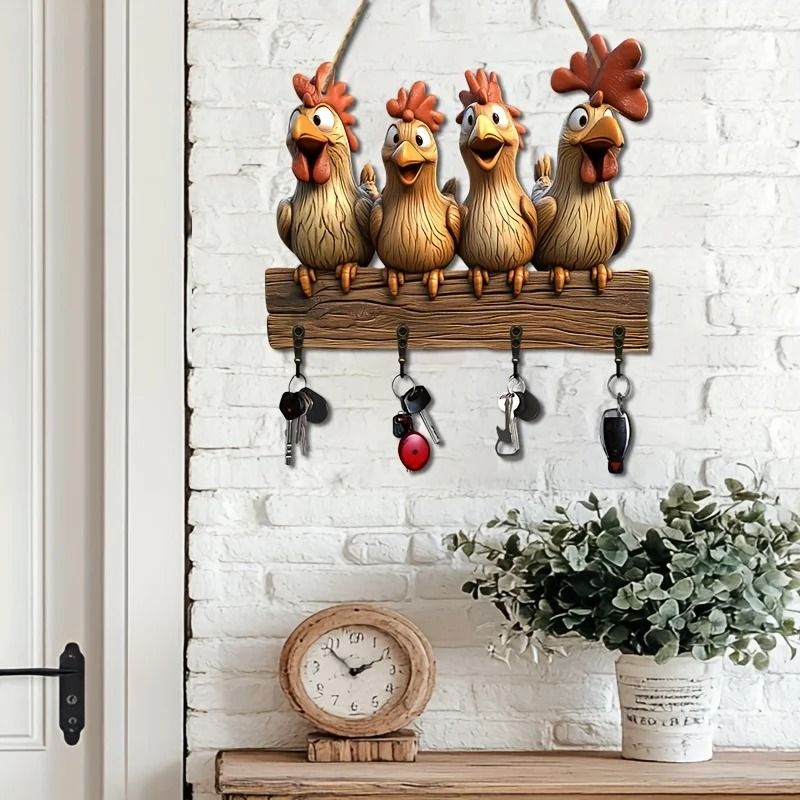 Rustic Farmhouse Hen Key Holder Whimsical 2D Wooden Wall Mount Organizer With Antique Copper Hooks 0