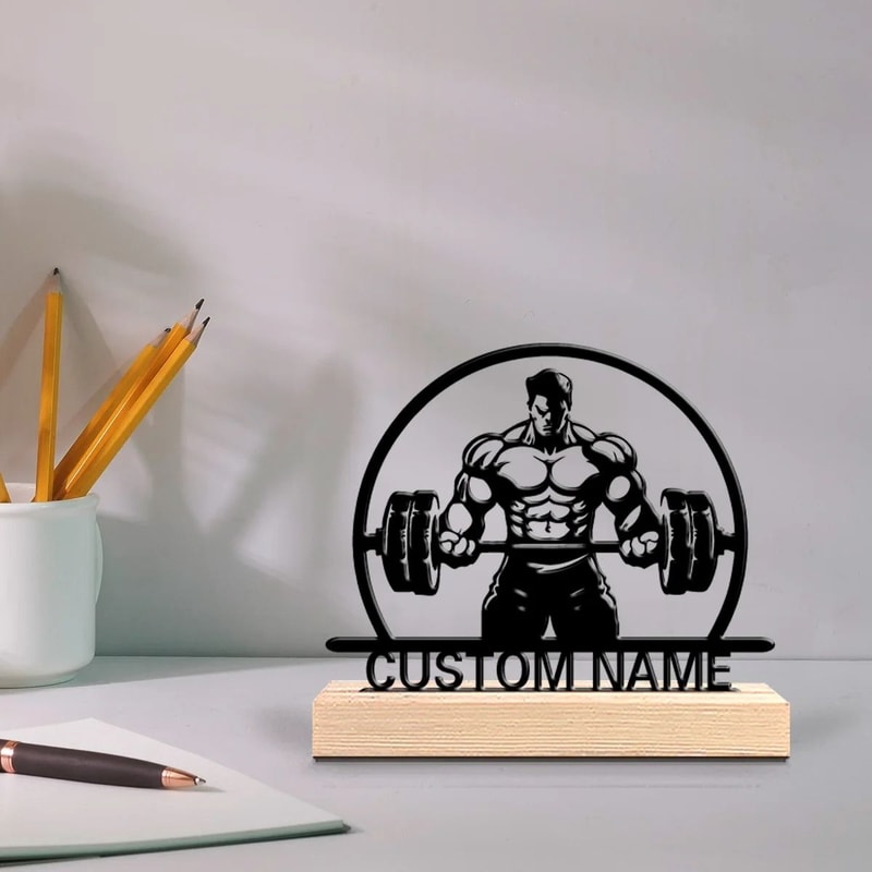 Personalized Bodybuilding Metal Sculpture Custom Name Weightlifting Art With Natural Wood Base 0