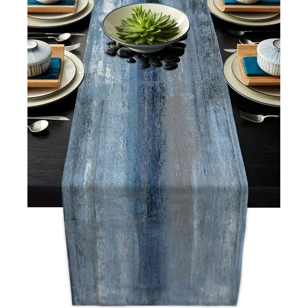 VIKAMA Retro TieDye Linen Table Runner Rustic Farmhouse Textile For Modern Kitchen Holiday Party 6