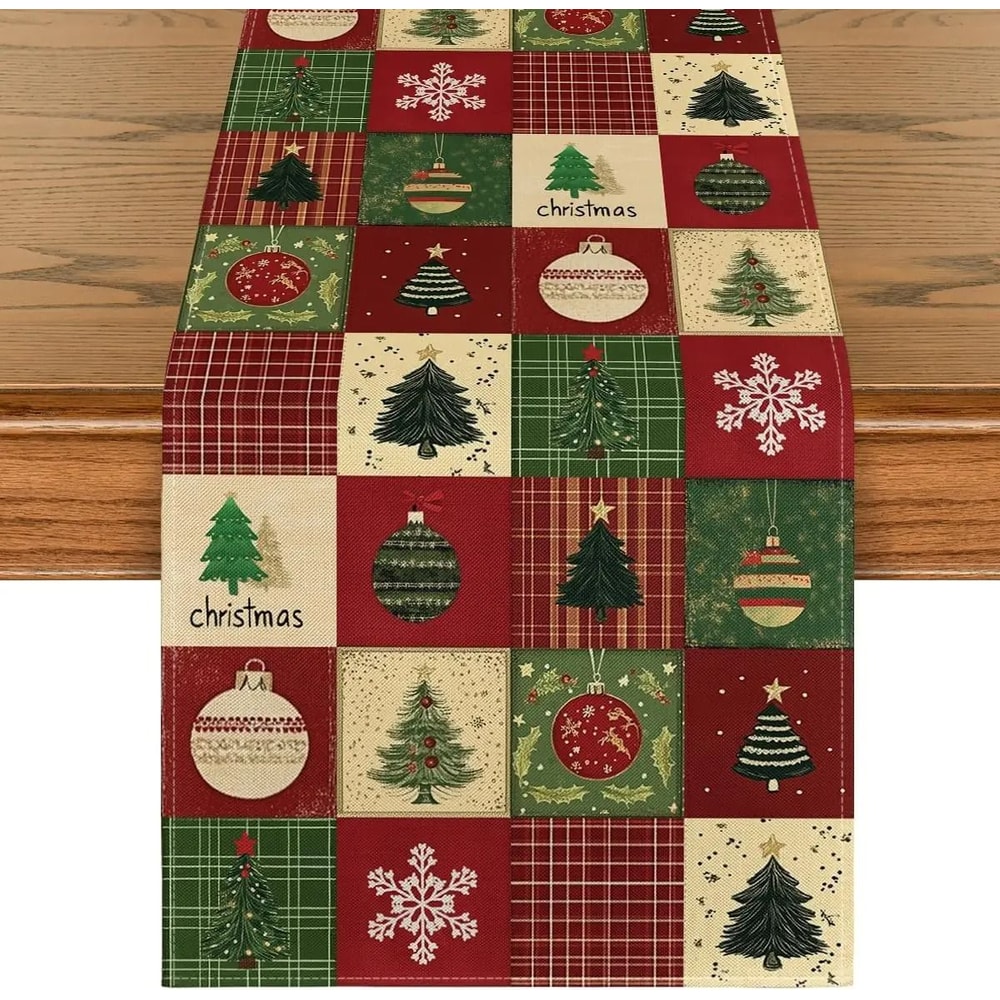 Traditional Plaid Linen Christmas Table Runner Festive Snowflake Xmas Ball Holiday Decor For Din 0