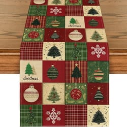 traditional plaid & linen christmas table runner | festive snowflake & xmas ball holiday decor for dining & kitchen