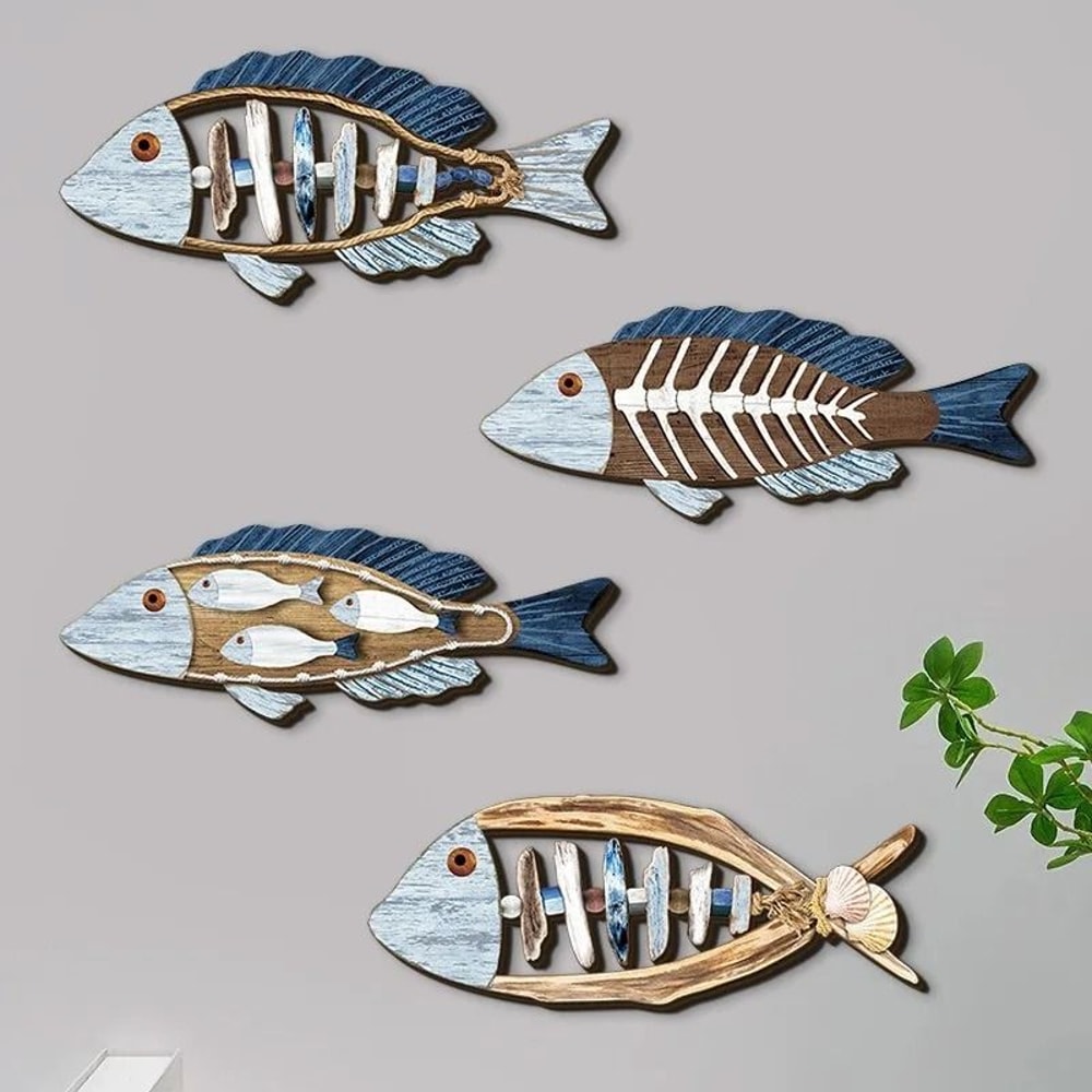 Artisanal Carved Wood Fish Quartet 4Piece Marine Sculpture Set For Coastal Home Nautical Wall Dec 0