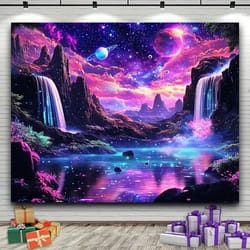vikama fantasy starry sky tapestry | glowing waterfall & planet feature wall art for modern living room decor