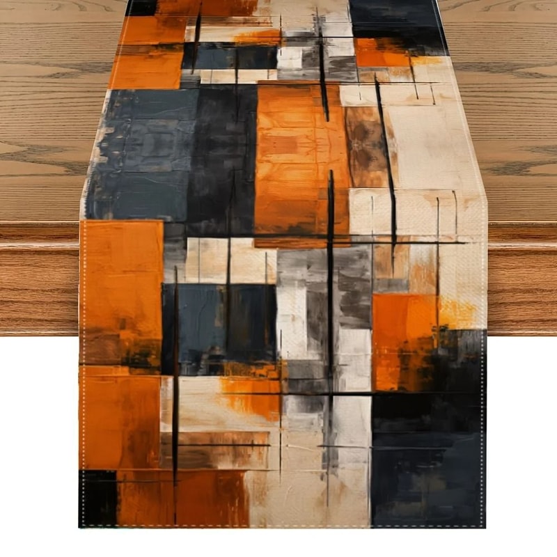 Watercolor Abstract Art Linen Table Runner Orange Black Stripe Pattern For Holiday Party Dresser 0