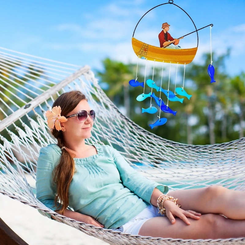 21 In Fisherman Wind Chime Blue Sea Glass Suncatcher Iron Garden Decor For Outside Gift For Mom 4