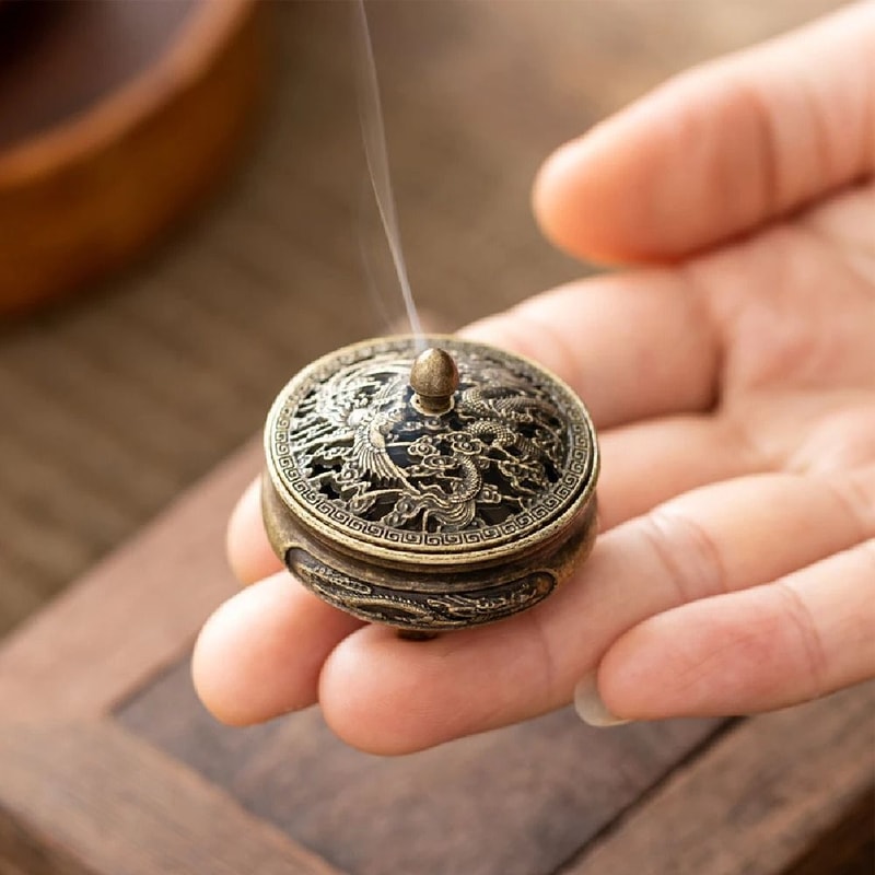 Antique Brass Mini Hollow Incense Burner Vintage Chinese Tea Table Decor Portable DragonPhoenix C 0