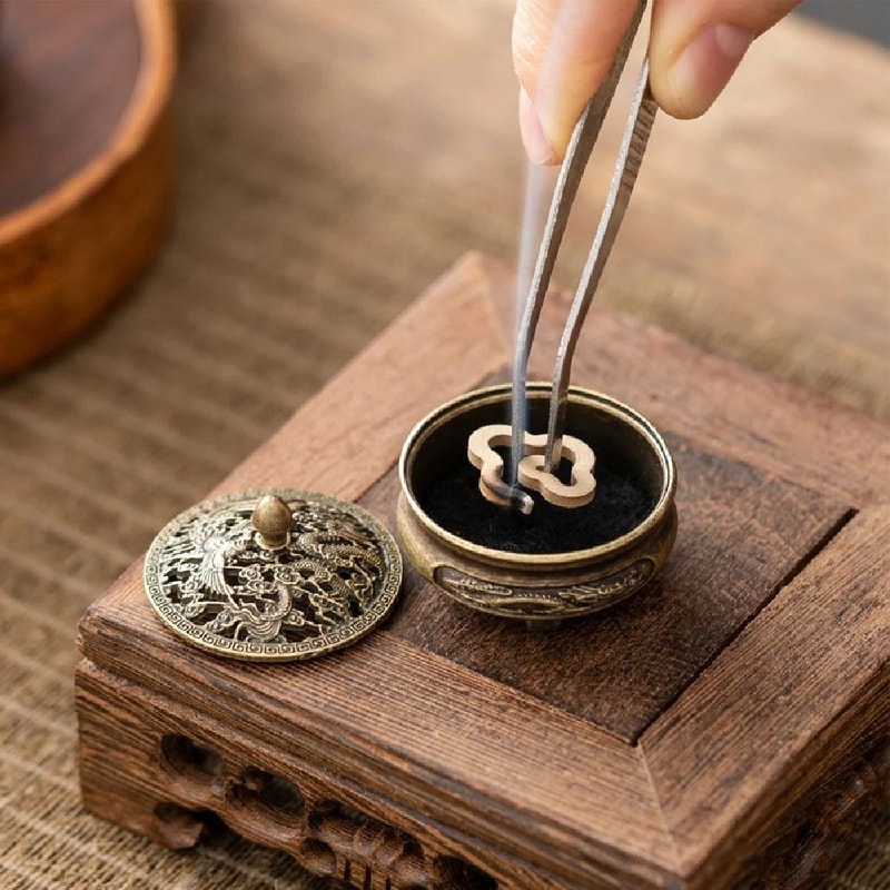 Antique Brass Mini Hollow Incense Burner Vintage Chinese Tea Table Decor Portable DragonPhoenix C 1