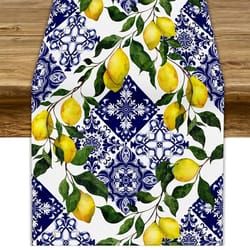blue tile lemon linen table runner | summer floral dresser scarf for holiday party & mediterranean home decor