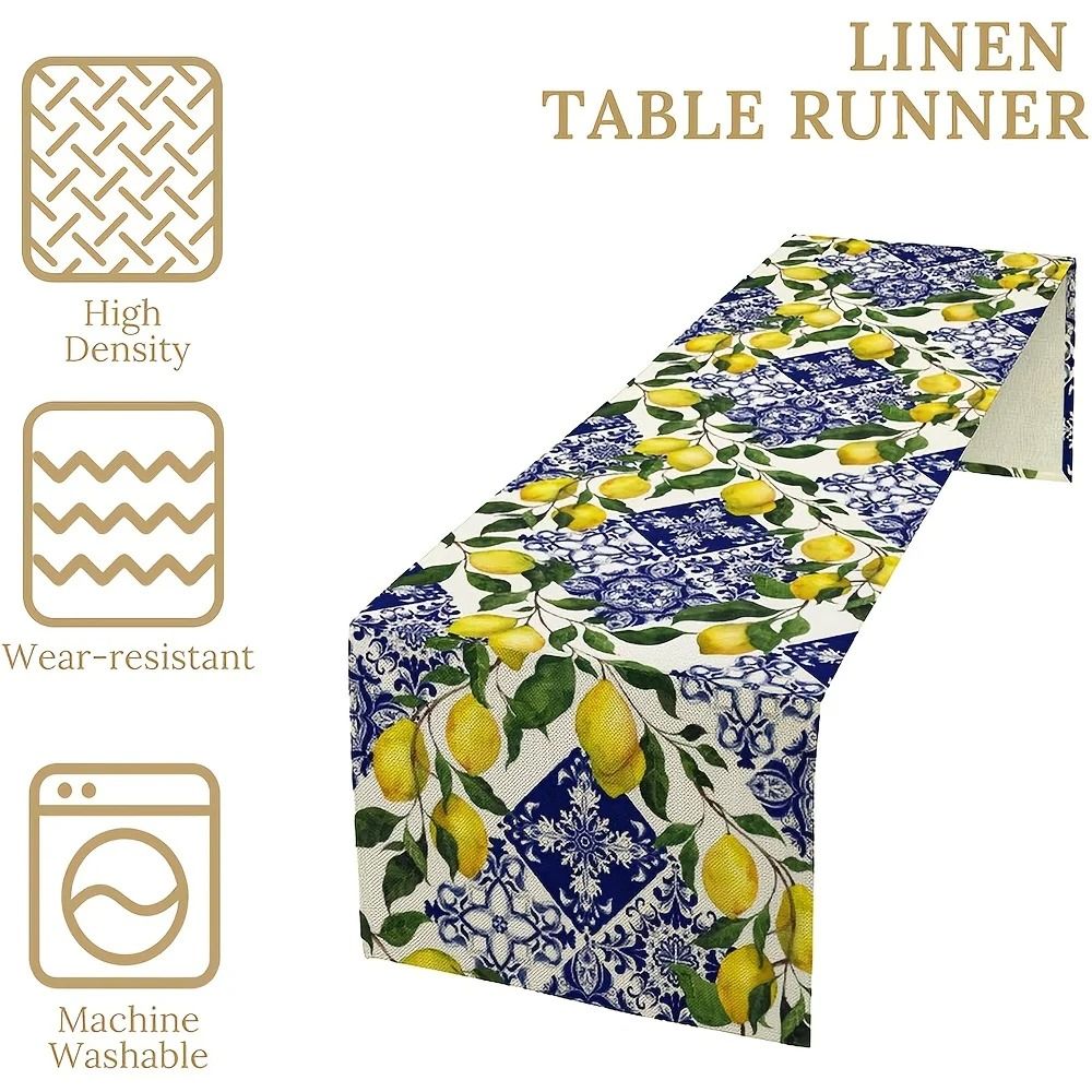 Blue Tile Lemon Linen Table Runner Summer Floral Dresser Scarf For Holiday Party Mediterranean Ho 3