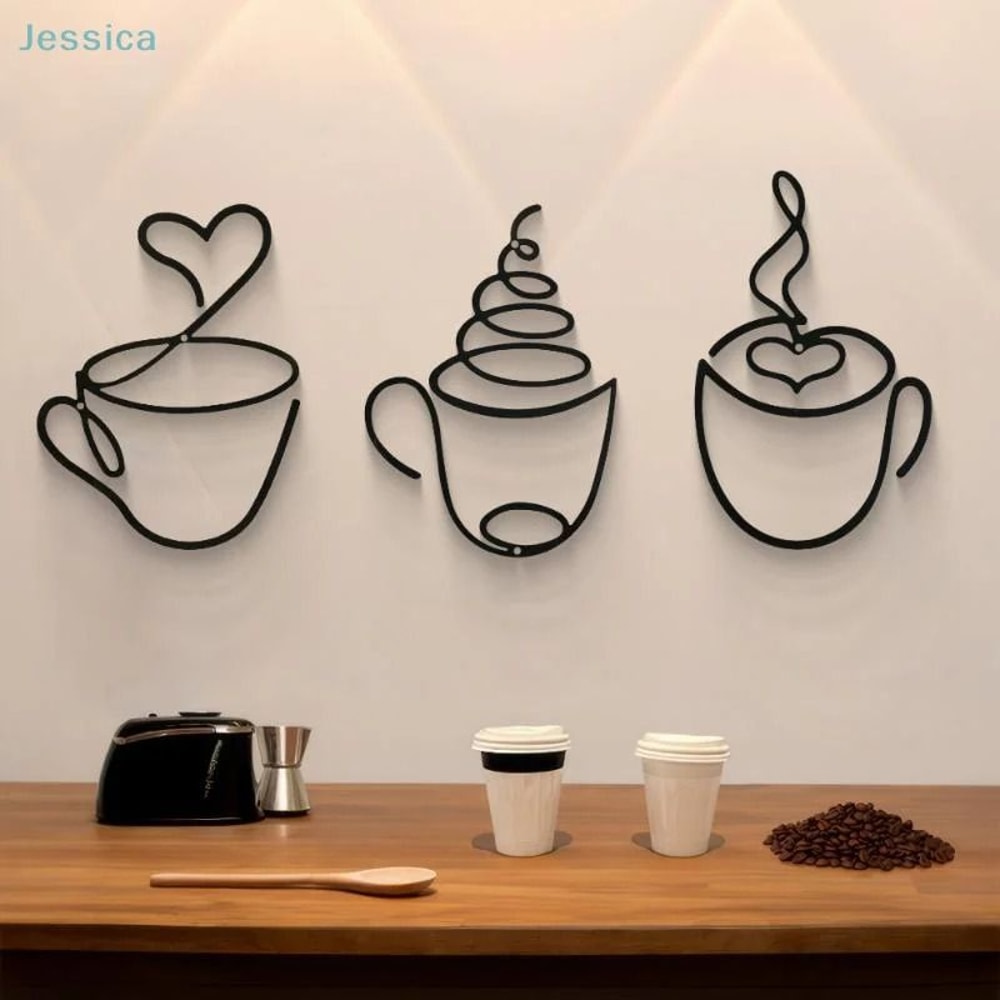 Metal Coffee Cup Wall Art Black Minimalist Decor For Kitchen Cafe Coffee Bar Modern Studio Sign 0