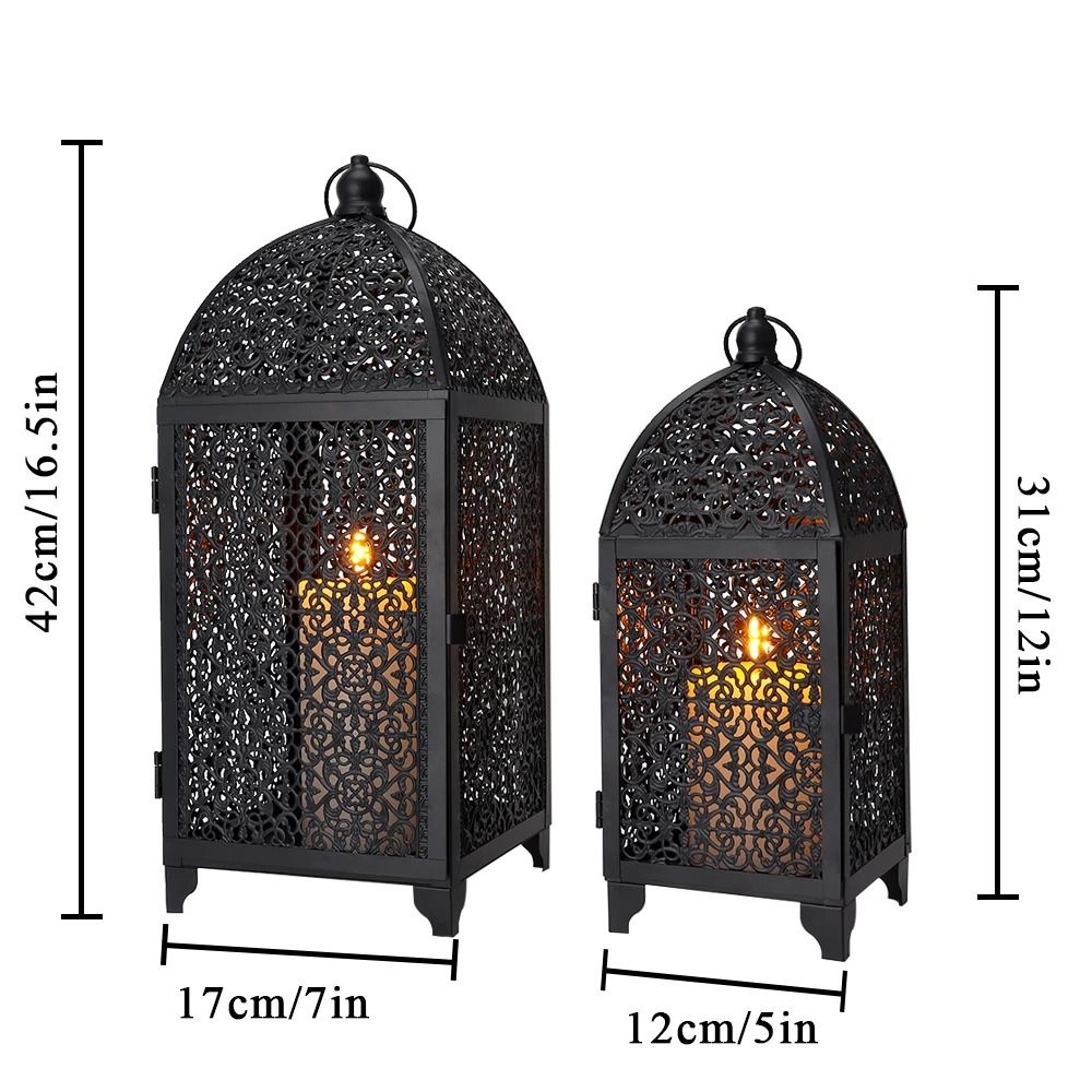 2 Pcs Black Metal Candle Lanterns Ornate Hollow Pattern Hanging Holders For Garden Patio Modern H 6