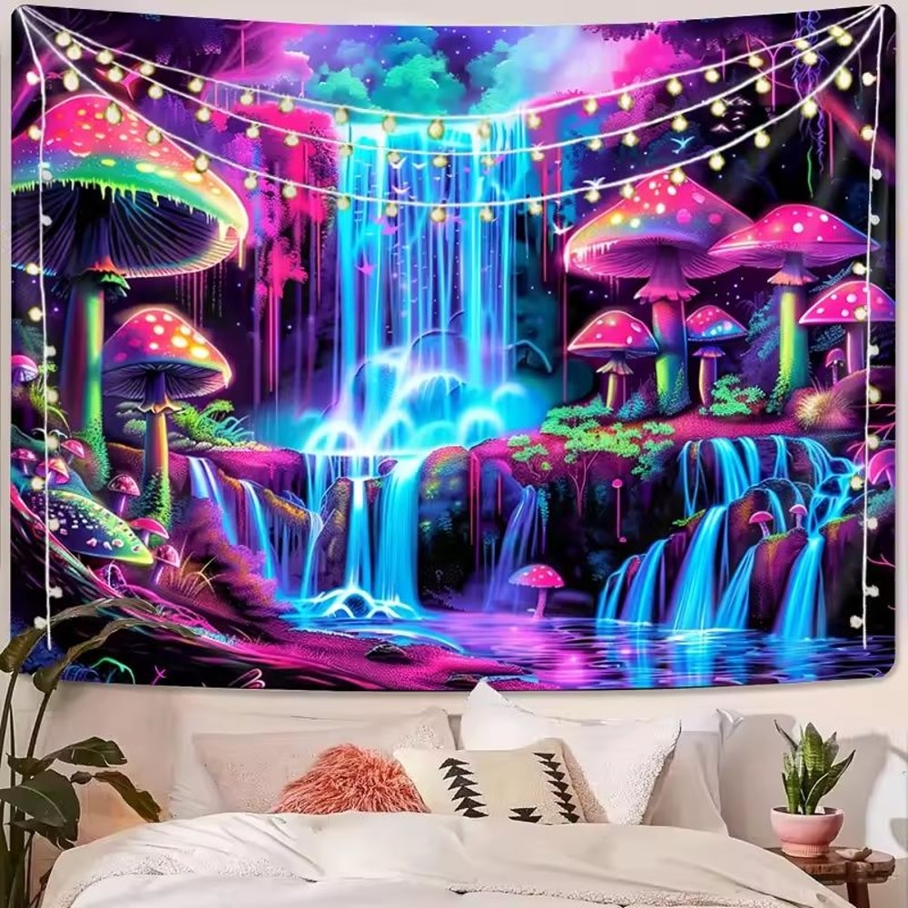VIKAMA Psychedelic Forest Tapestry Cyberpunk Waterfall Wall Art Neon Decor For Gaming Room Bedro 2