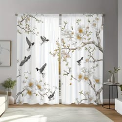 floral & bird print curtain set | luxury botanical window treatments | 2-piece washable living room & bedroom decor