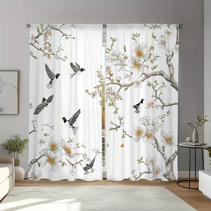 Floral Bird Print Curtain Set Luxury Botanical Window Treatments 2Piece Washable Living Room Be 0