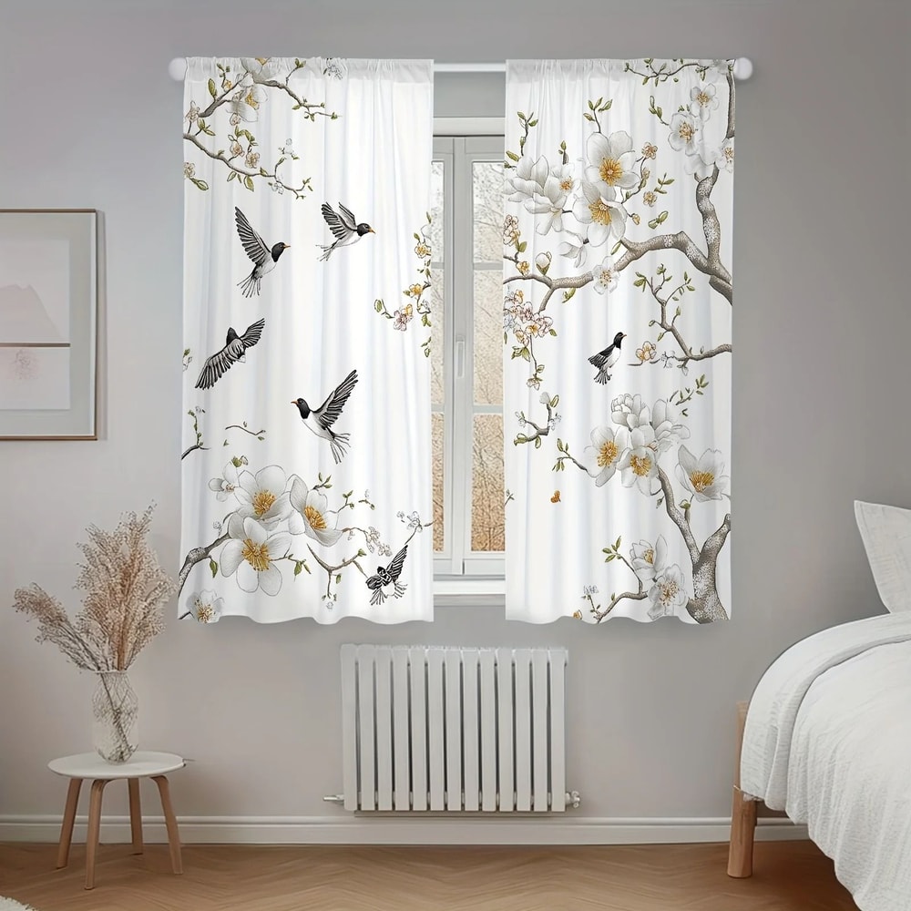 Floral Bird Print Curtain Set Luxury Botanical Window Treatments 2Piece Washable Living Room Be 1