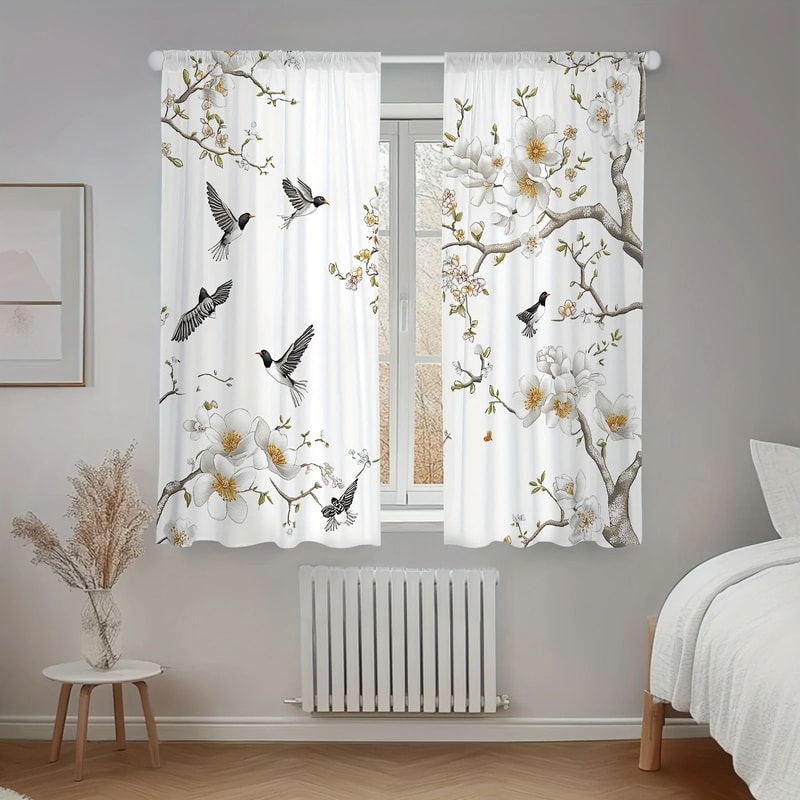 Floral Bird Print Curtain Set Luxury Botanical Window Treatments 2Piece Washable Living Room Be 1