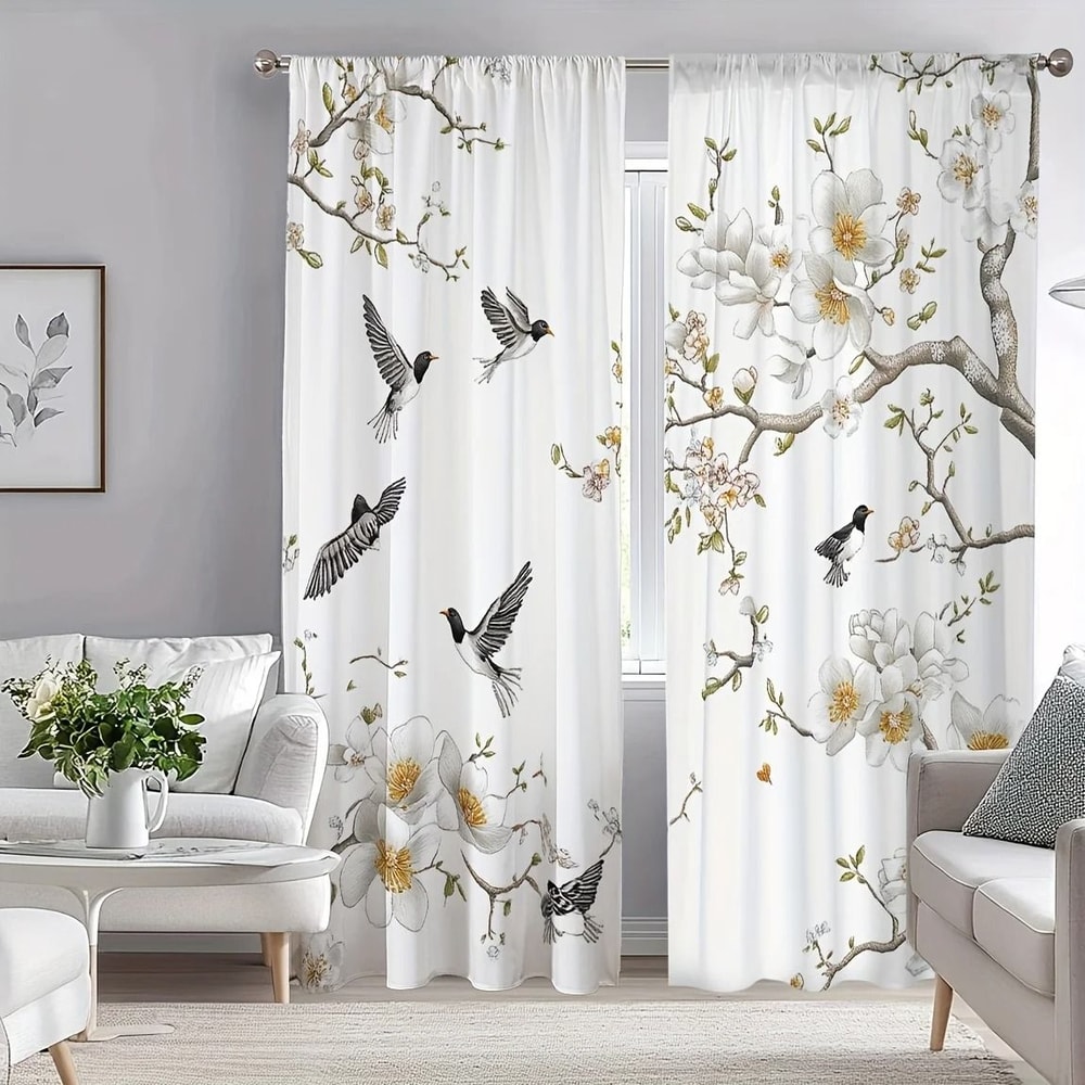 Floral Bird Print Curtain Set Luxury Botanical Window Treatments 2Piece Washable Living Room Be 2
