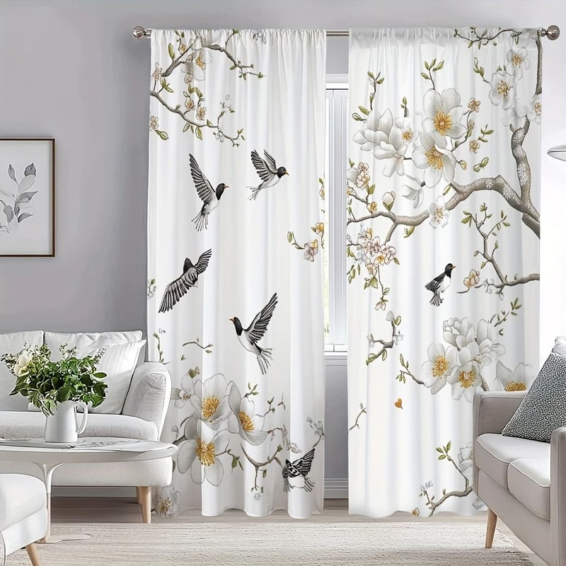Floral Bird Print Curtain Set Luxury Botanical Window Treatments 2Piece Washable Living Room Be 2
