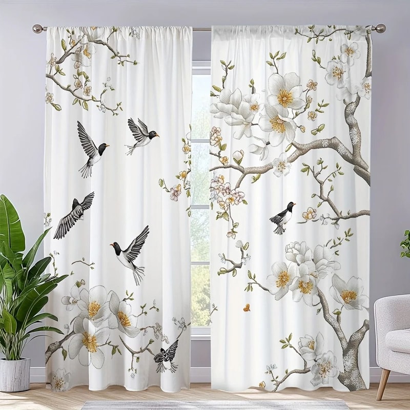 Floral Bird Print Curtain Set Luxury Botanical Window Treatments 2Piece Washable Living Room Be 4