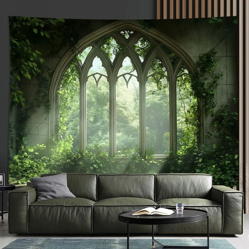Gothic Window Landscape Tapestry Lush Green Forest Mural Medieval Arch Wall Decor For Living Room 0