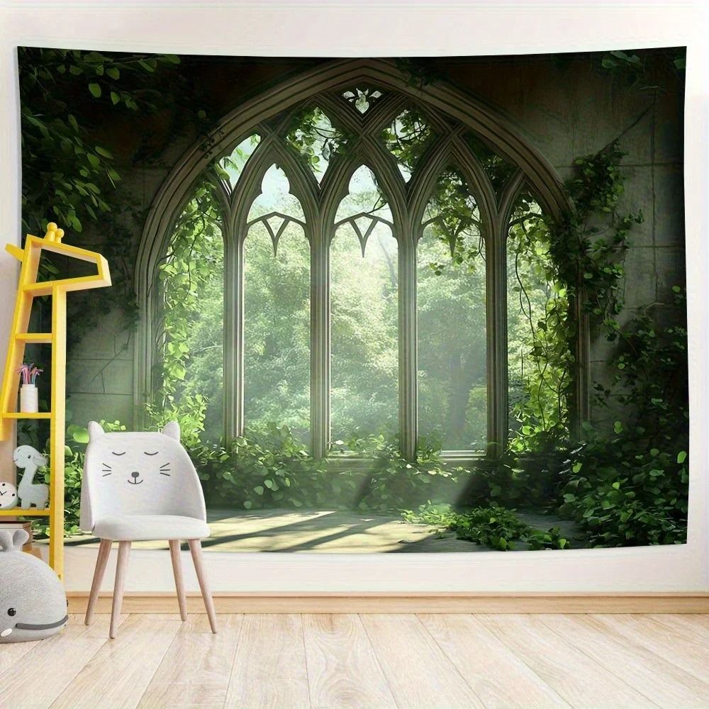 Gothic Window Landscape Tapestry Lush Green Forest Mural Medieval Arch Wall Decor For Living Room 2