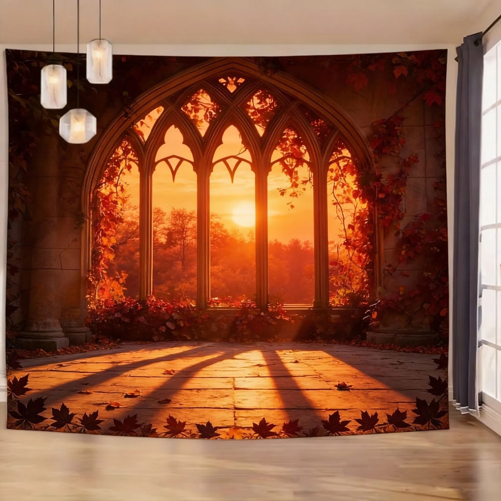 Gothic Window Landscape Tapestry Lush Green Forest Mural Medieval Arch Wall Decor For Living Room 10