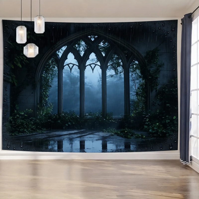 Gothic Window Landscape Tapestry Lush Green Forest Mural Medieval Arch Wall Decor For Living Room 14