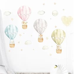 watercolor hot air balloon wall decals | pastel animal & star murals | whimsical nursery decor for kids room & playroom