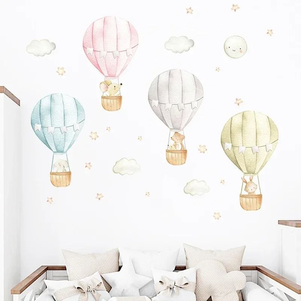 Watercolor Hot Air Balloon Wall Decals Pastel Animal Star Murals Whimsical Nursery Decor For Kid 3