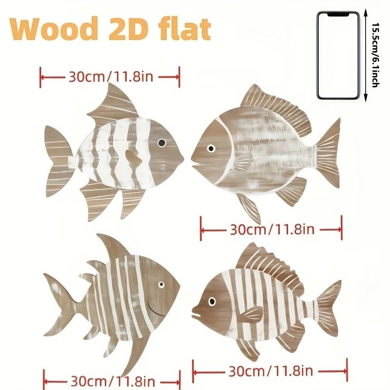 4Pcs Tropical Fish Wooden Wall Art Rustic Nautical Hanging Decor Retro Sea Life Ornament For Home 2