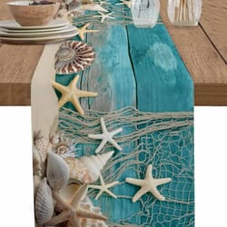 ocean beach starfish table runner | blue wood grain linen decor | nautical shell runner for summer parties
