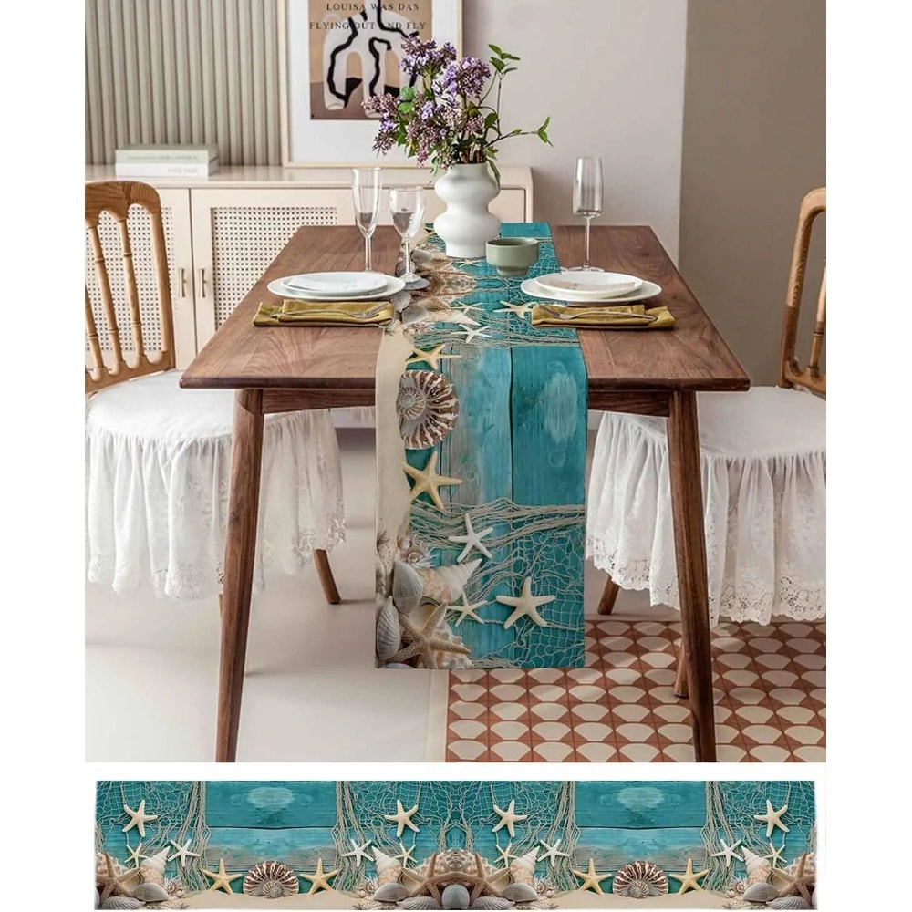 Ocean Beach Starfish Table Runner Blue Wood Grain Linen Decor Nautical Shell Runner For Summer Pa 1
