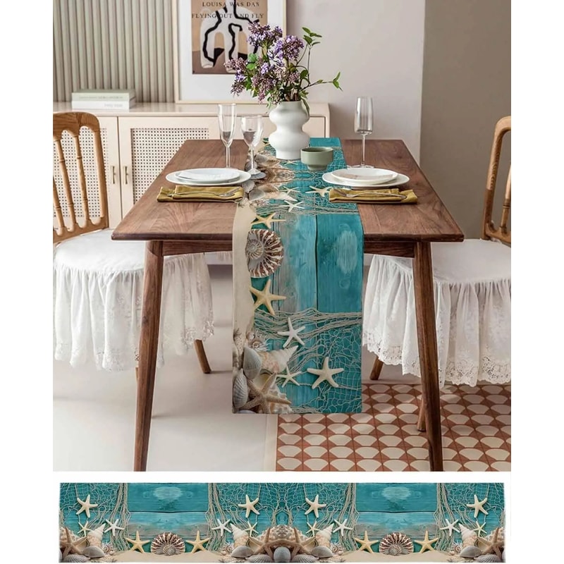 Ocean Beach Starfish Table Runner Blue Wood Grain Linen Decor Nautical Shell Runner For Summer Pa 1