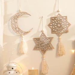 wooden ramadan hanging ornaments | eid mubarak moon with tassels | khaki ramadan kareem decor & islamic gift