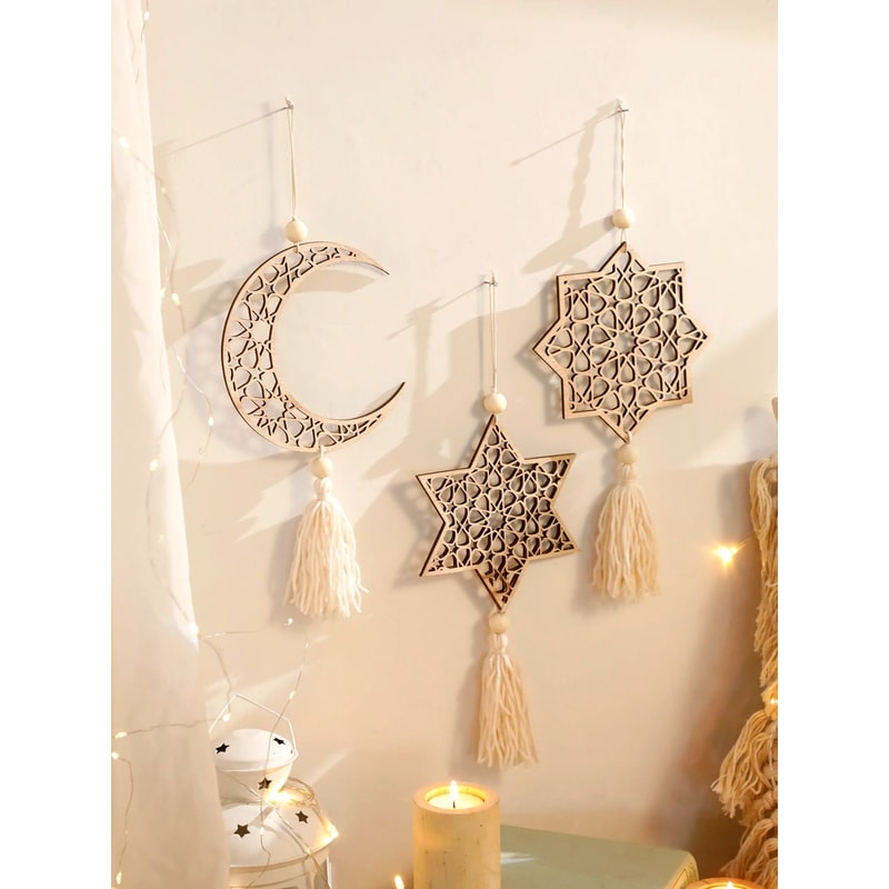 Wooden Ramadan Hanging Ornaments Eid Mubarak Moon With Tassels Khaki Ramadan Kareem Decor Islami 1