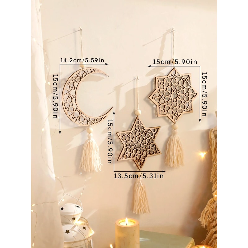 Wooden Ramadan Hanging Ornaments Eid Mubarak Moon With Tassels Khaki Ramadan Kareem Decor Islami 8