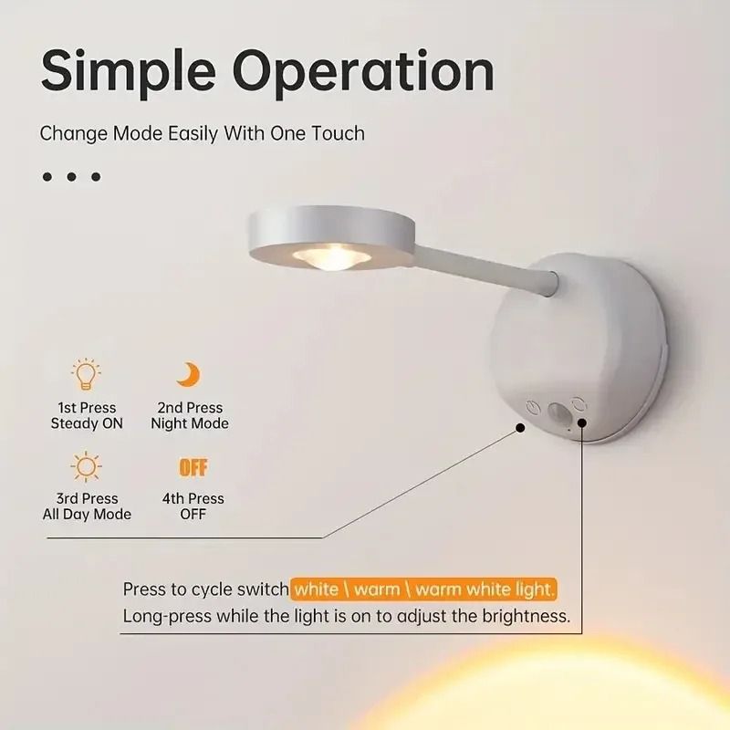 Intelligent Wireless LED Spotlight USB Rechargeable Motion Sensor Wall Light 3Color Dimmable Art 4