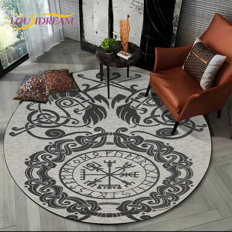 Viking Valknut Yggdrasil Round Rug Nordic Tree Of Life Carpet Mythic NonSlip Floor Mat 12