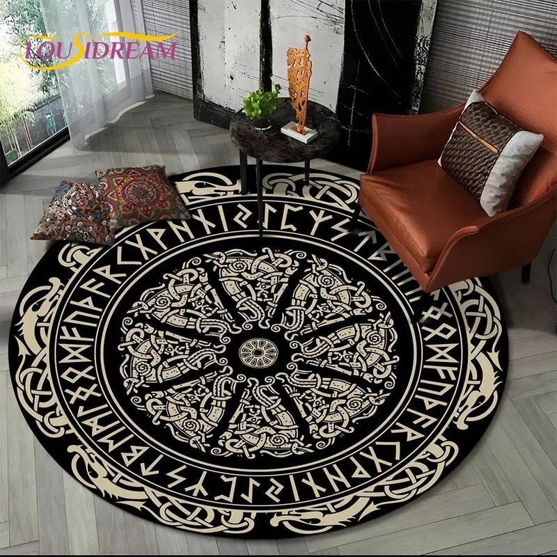 Viking Valknut Yggdrasil Round Rug Nordic Tree Of Life Carpet Mythic NonSlip Floor Mat 27