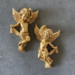 pair of exquisite gold cherub angel statues | cute cartoon wall hanging sculptures | elegant resin room decor