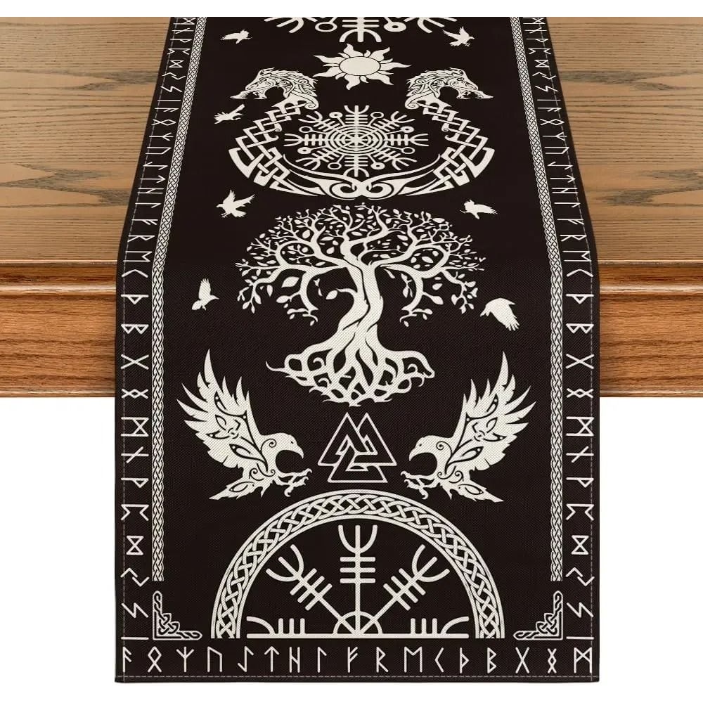 Viking Raven Helmet Of Awe Table Runner Nordic Mythology Linen Decor Reusable Medieval Kitchen R 5