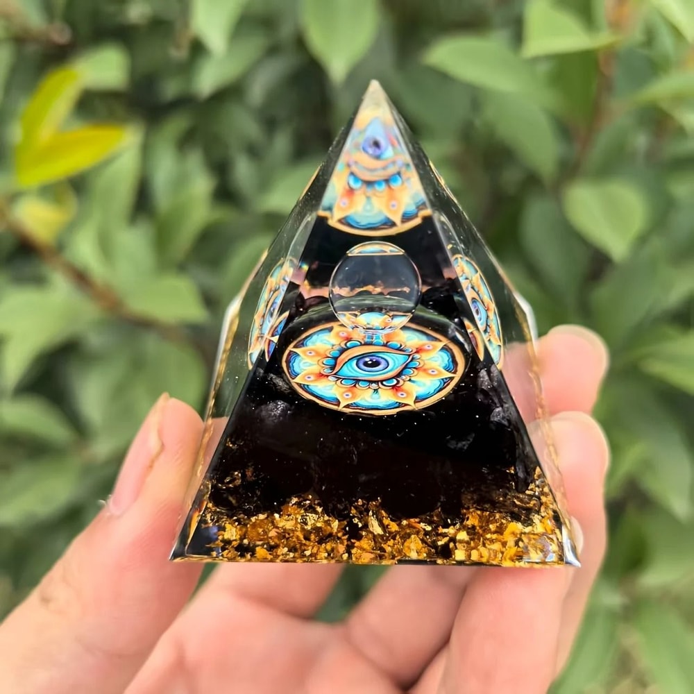 Elegant Lapis Lazuli Crystal Pyramid Blue Geometric Orgone Decor Golden Black Base Healing Stone 10