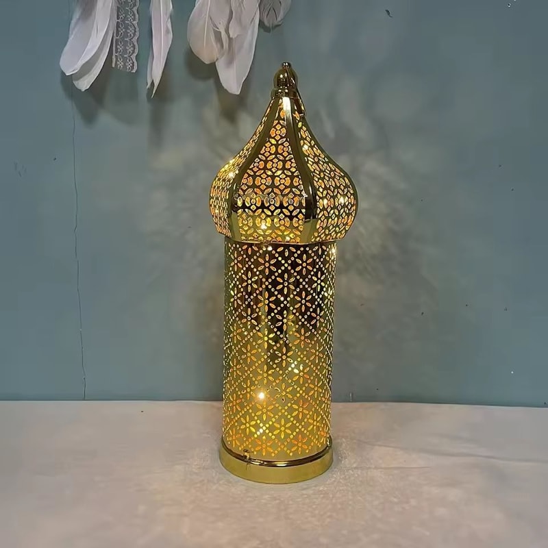 Moroccan Golden Hollow Iron Lantern LED Ramadan Light Ornament Large Traditional Gold Home Craft 7