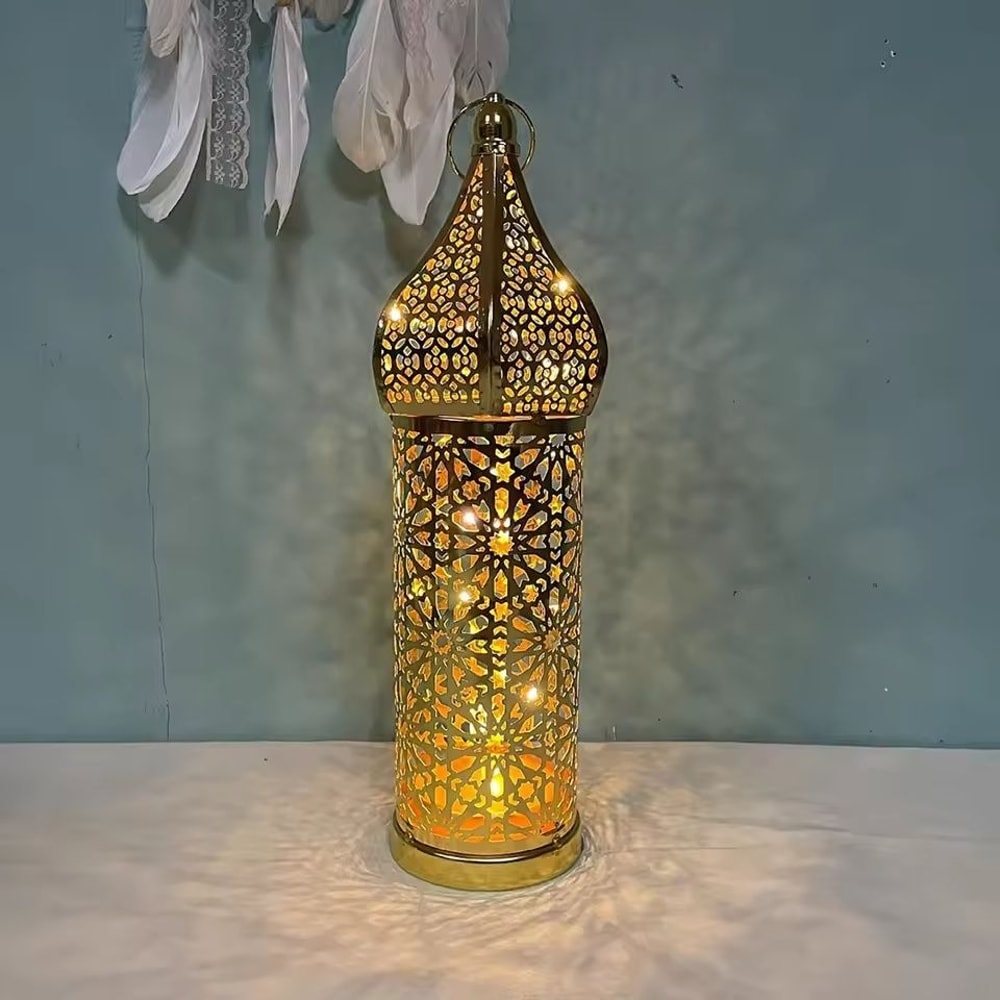 Moroccan Golden Hollow Iron Lantern LED Ramadan Light Ornament Large Traditional Gold Home Craft 8