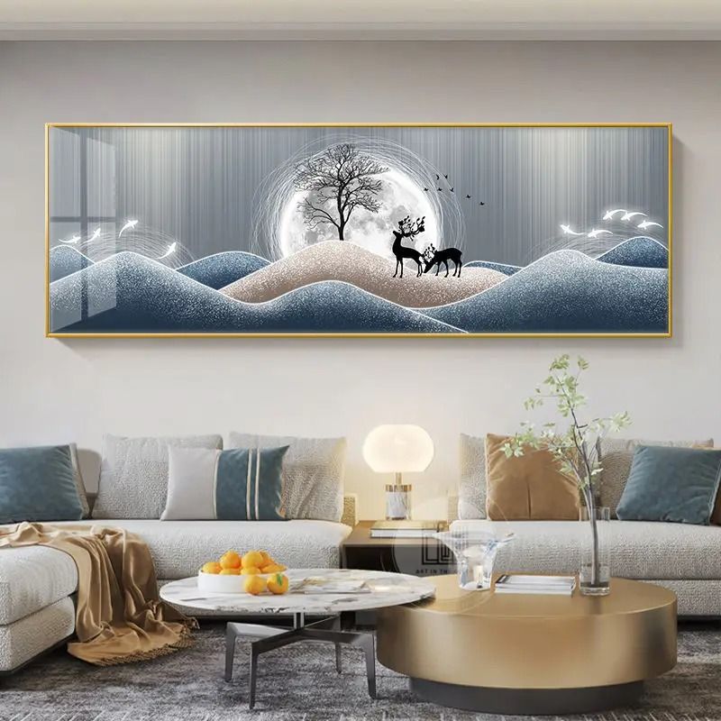 Chinese Style Golden Leaves Deer Canvas Art Feng Shui Mountain Poster Luxury Feather Wall Art Fo 15
