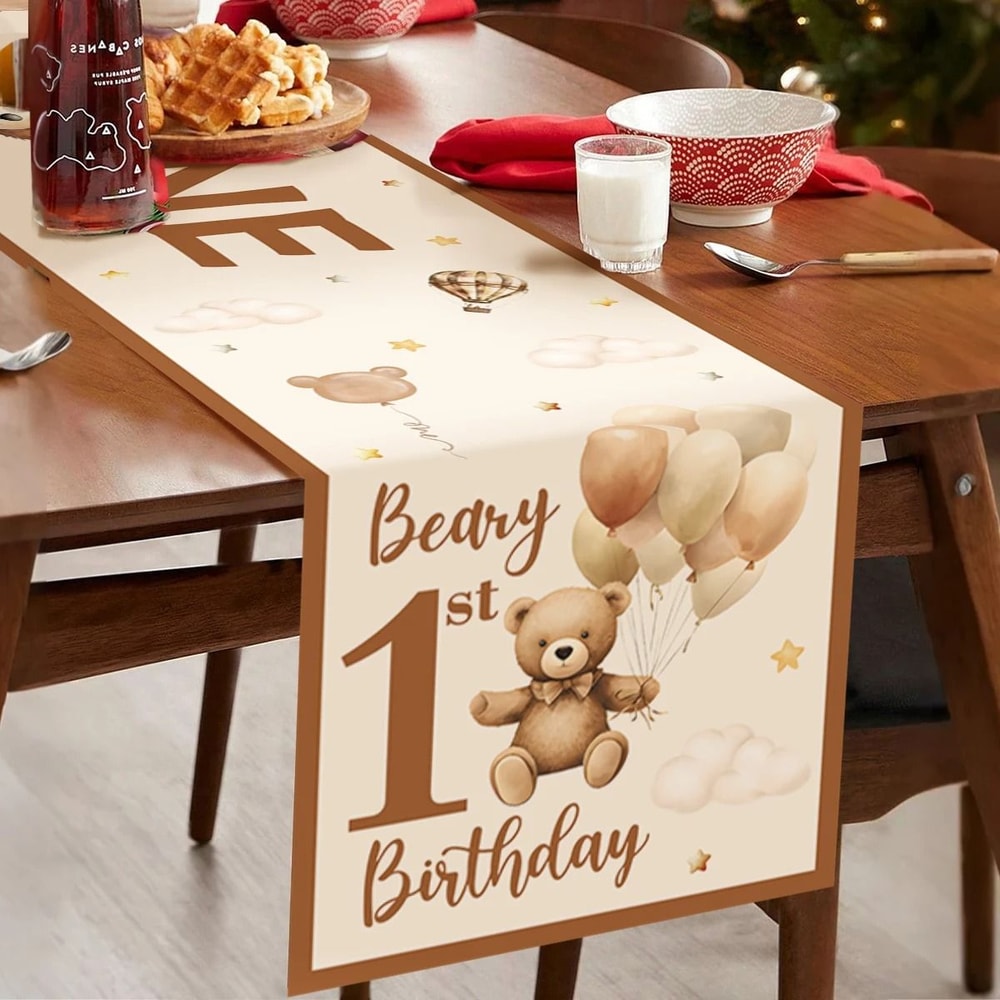 Teddy Bear Moon Table Runner 180cm Cartoon Baby Shower Decor 1st Birthday Teddy Bear Table Flag 5
