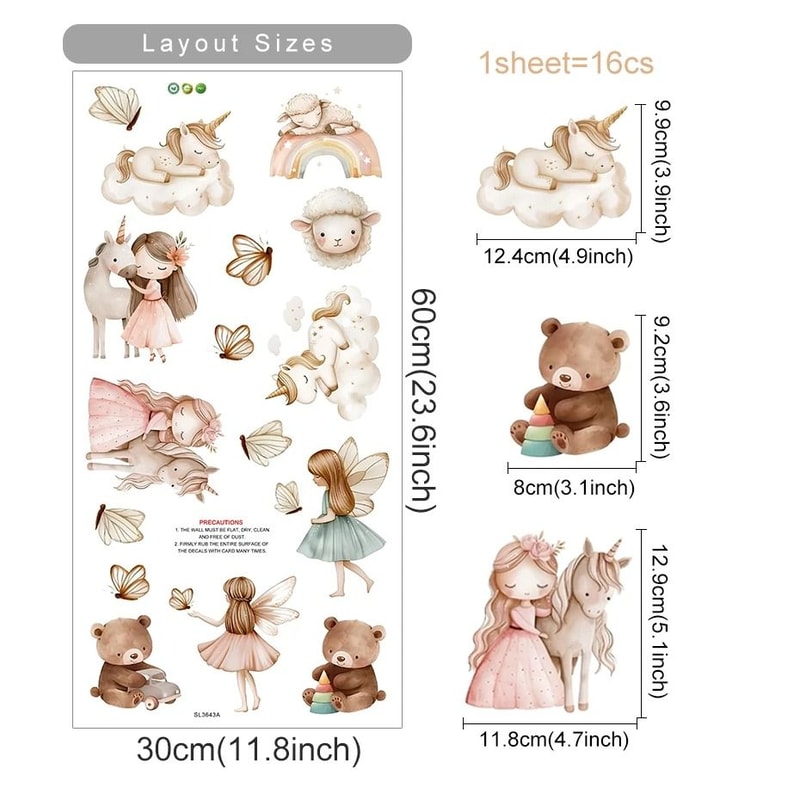 Watercolor Unicorn Fairy Bear Wall Decals Rainbow Nursery Decor Whimsical Childrens Bedroom Art 7