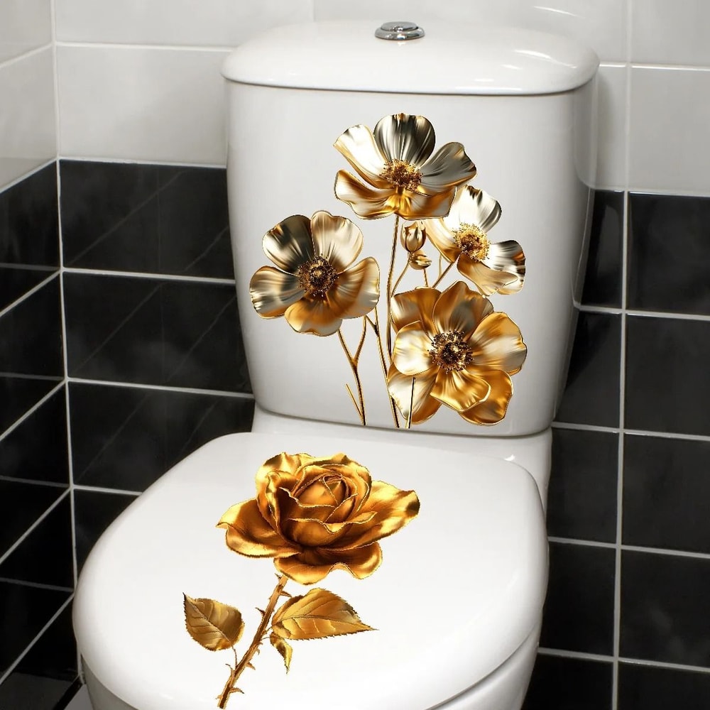 Golden Floral Toilet Decal Set 2Piece Waterproof Bathroom Decor Elegant SelfAdhesive Sanctuary Ar 11