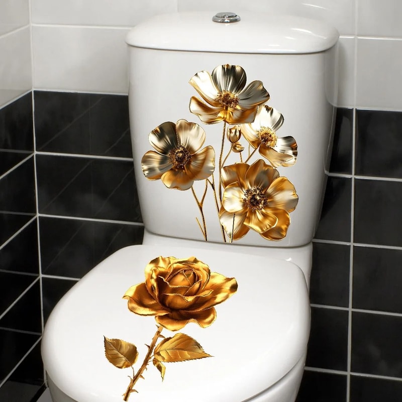 Golden Floral Toilet Decal Set 2Piece Waterproof Bathroom Decor Elegant SelfAdhesive Sanctuary Ar 11